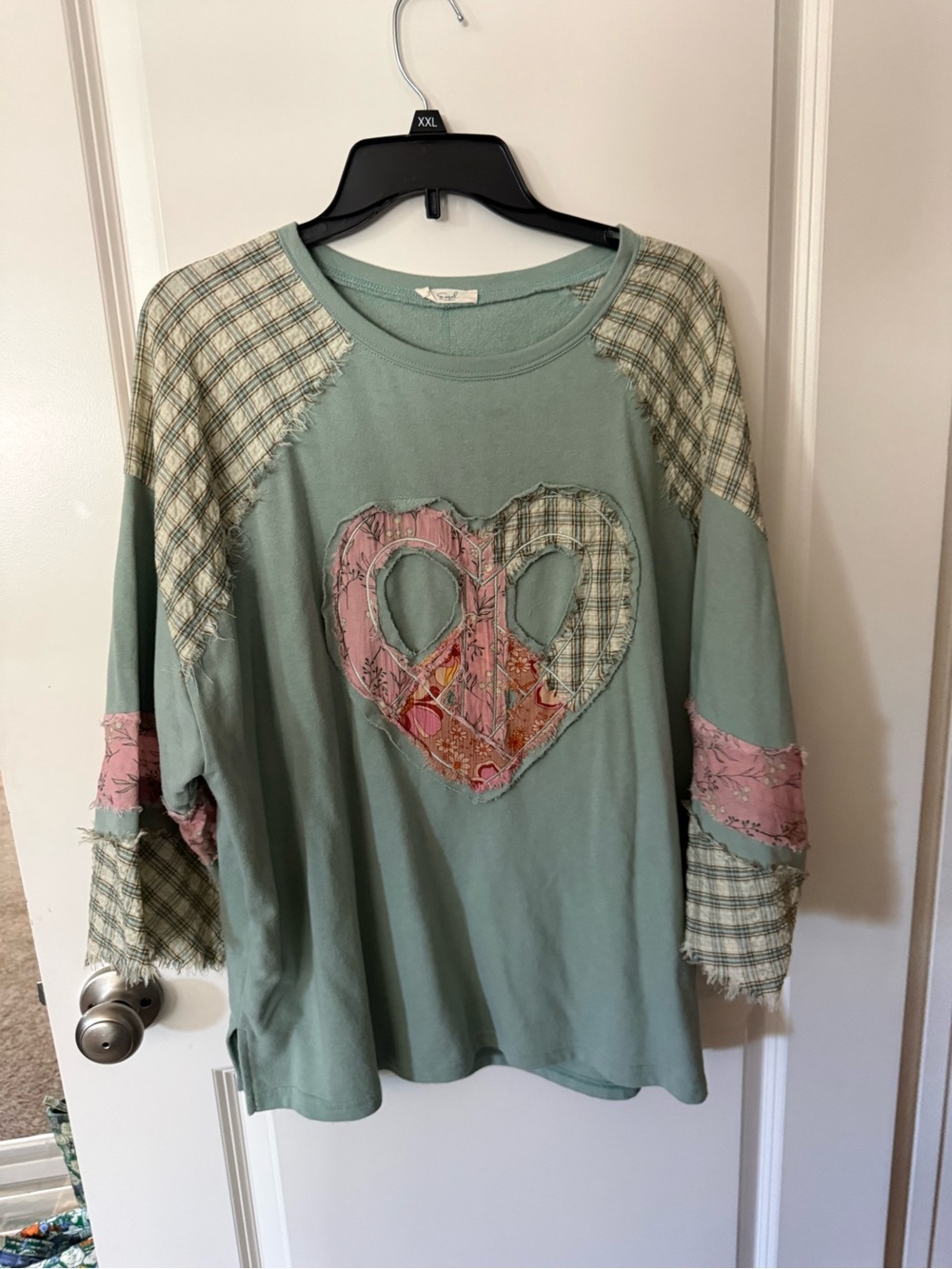 easel Sage Green Patchwork Heart Raglan Sweatshirt with Pink Accents
